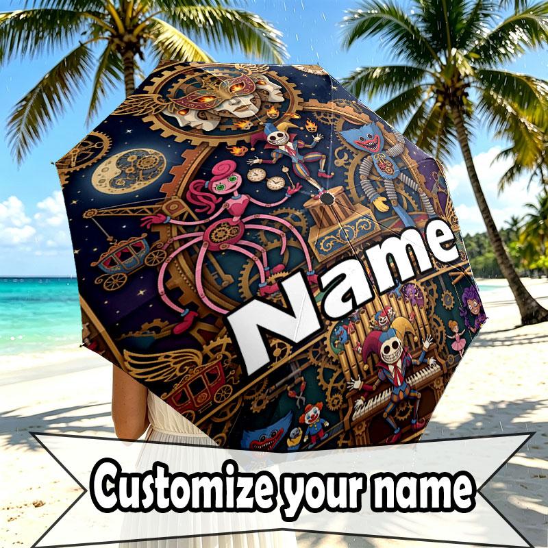 Custom Name Personalized Poppy Playtime Print Umbrella, Auto Open Close, 8‑Rib Sturdy Frame, Commute Camping Hiking Use, Birthday Gift