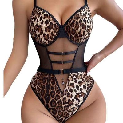 European & American Leopard Print Strappy See-through Erotic Bodysuit Lingerie