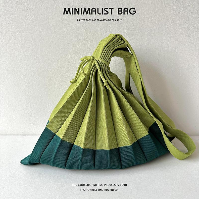 New Knitted Pleats Tote Bag Designer Chic Stitching Contrast Korean Retro Fashion Women Shoulder Shopper Handbag Foldable