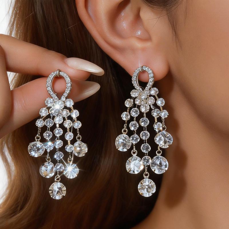 Silver Needle Light Luxury Rhinestone Tassel Stud Earrings, Elegant High-end Fashion Ear Ornaments for Women