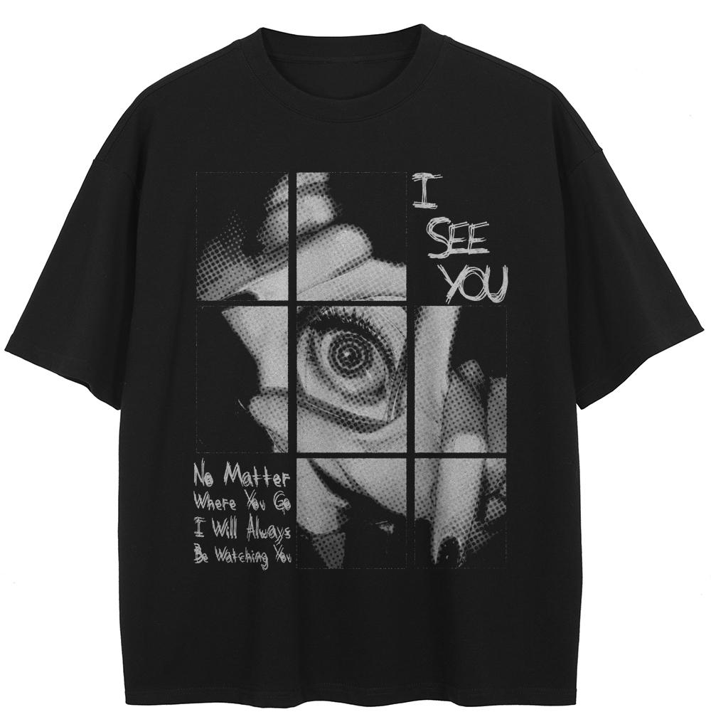 Vintage Grunge Eye Graphic Tee - I SEE YOU Oversized T-Shirt