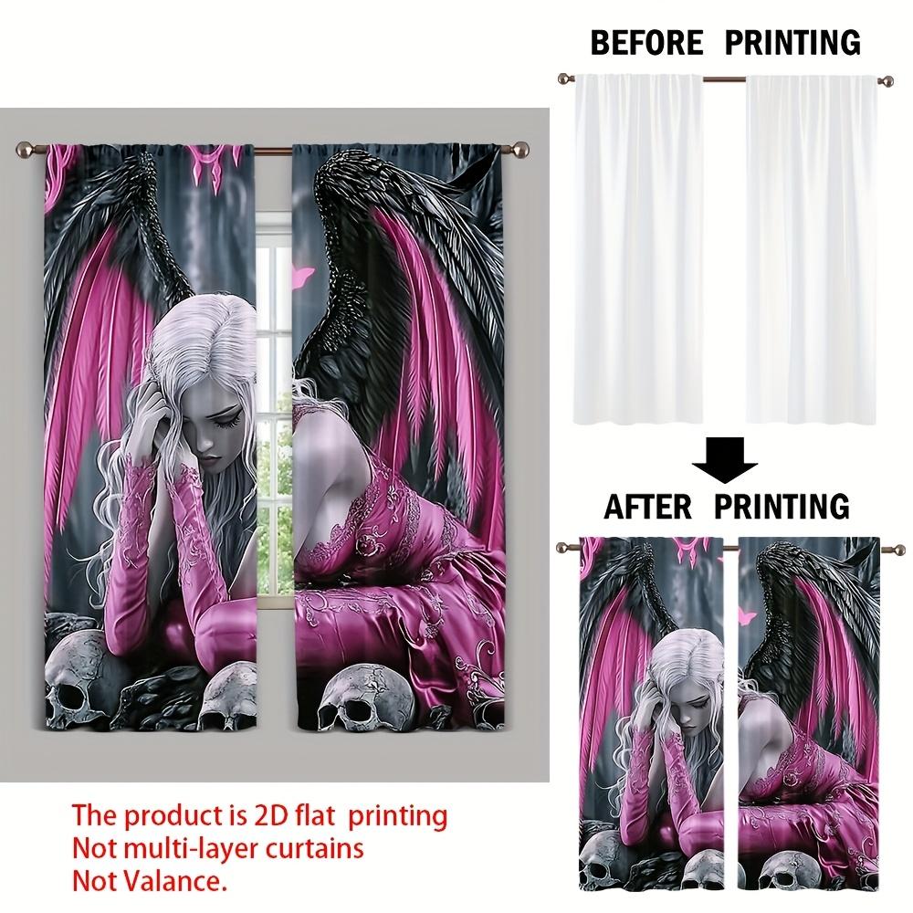 2pcs Elegant Angel Wings Anime Curtains – Detailed Wing & Skull Design for Bedroom   Living Room   Kitchen & Office Decor