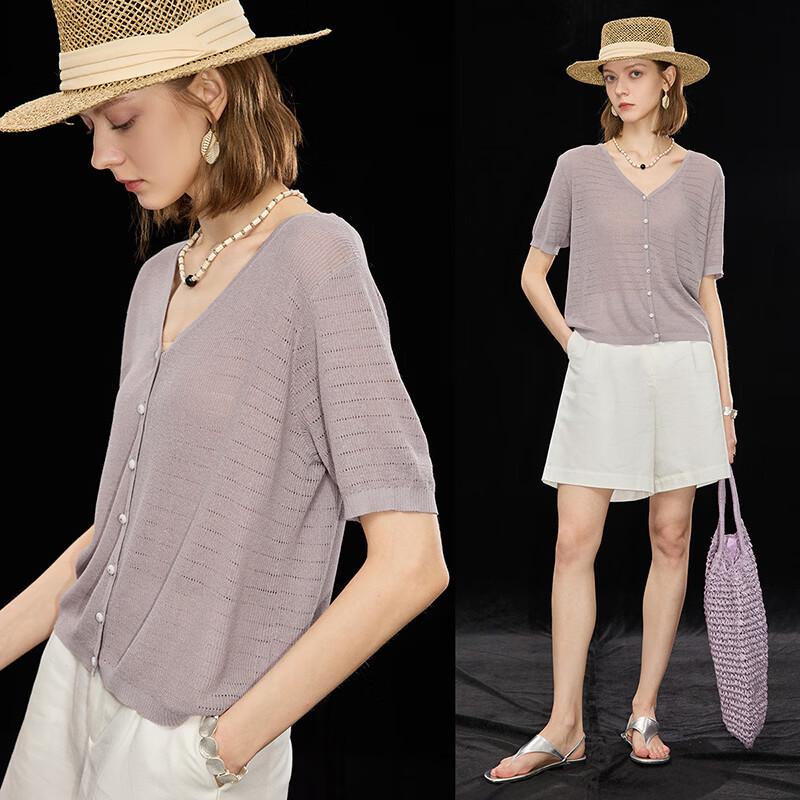 Wudao Women s Short Sleeve V-Neck Knit Cardigan M