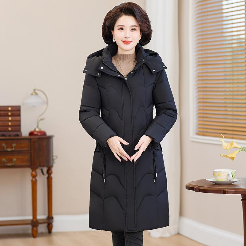 Middle-aged and Elderly Plus Size Cotton-padded Jacket Girls' Long Hooded Winter Mother Temperament Knee-thick Down Cotton-padded Jacket.