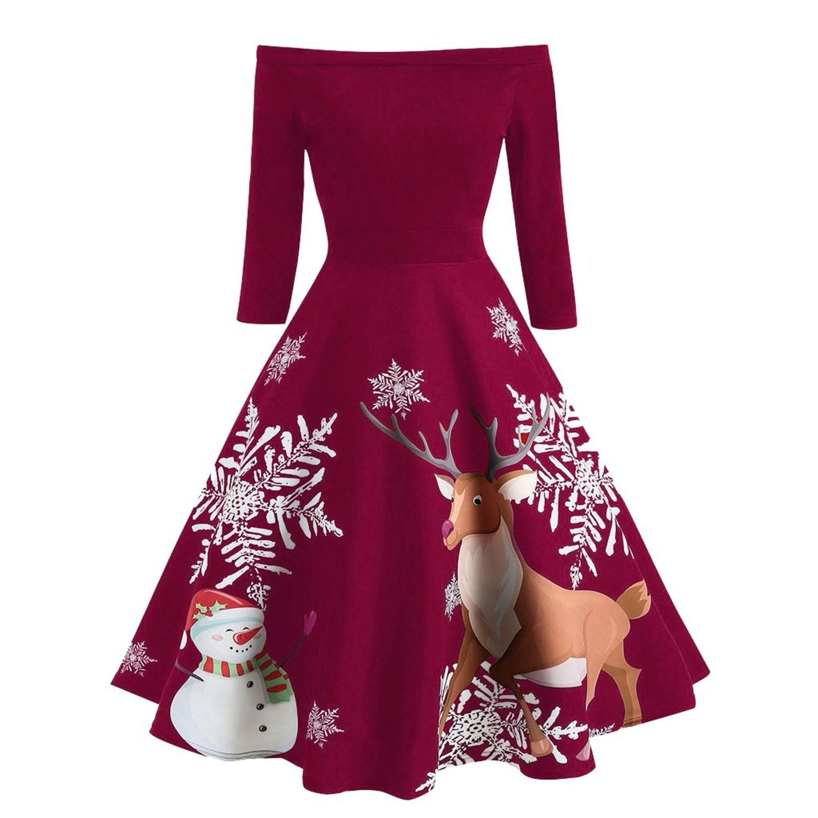 

Christmas Women Off Shoulder Print Vintage Evening Party Dress Flare Dress S винний