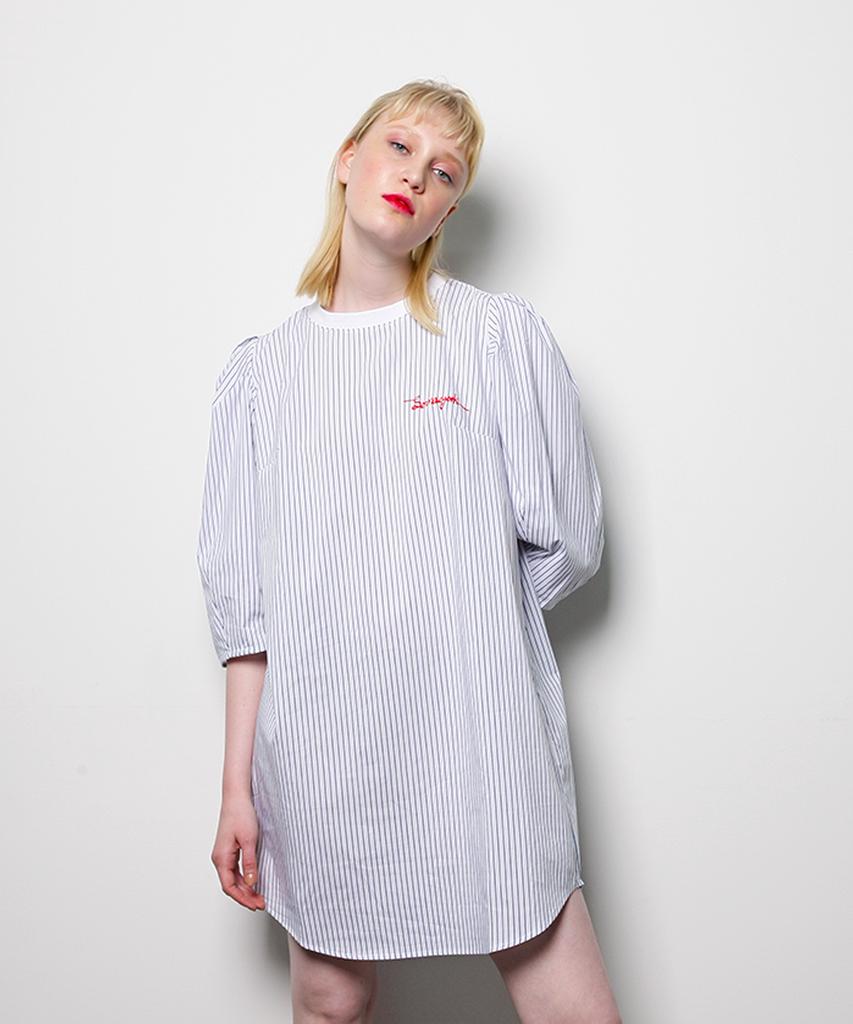 Monkey Flower Women'S Puff Sleeve Pinstripe Cool Dress /Ms1Wops02F White
