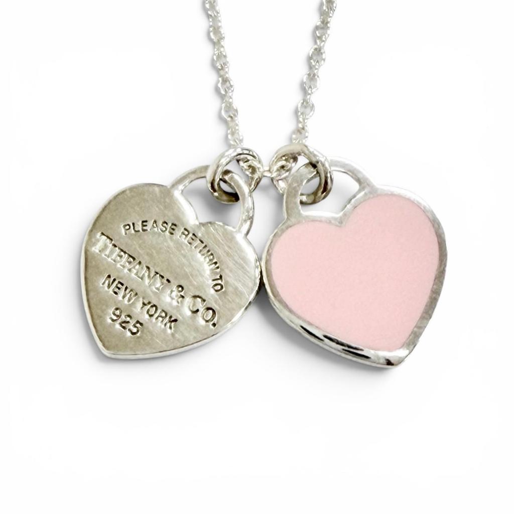 Excellent TIFFANY&Co. Necklace Pink Double Heart Tag Pendant Silver 925 Women Used