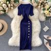 Korean Simple Solid Color Breasted Slim-fitting Short-sleeved Knitted Split-ended Hip-wrapped Dress