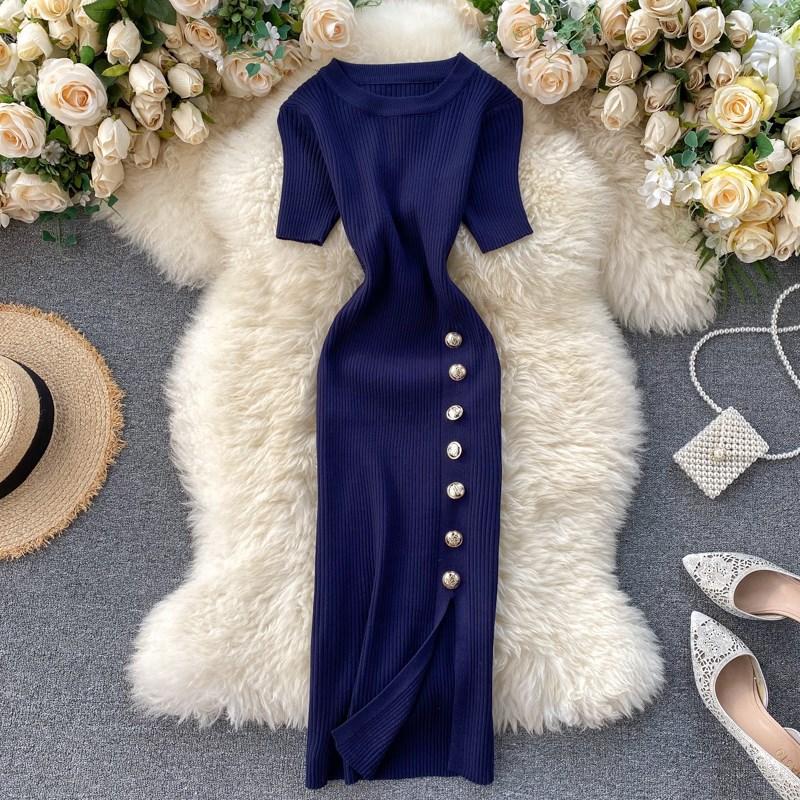 Korean Simple Solid Color Breasted Slim-fitting Short-sleeved Knitted Split-ended Hip-wrapped Dress