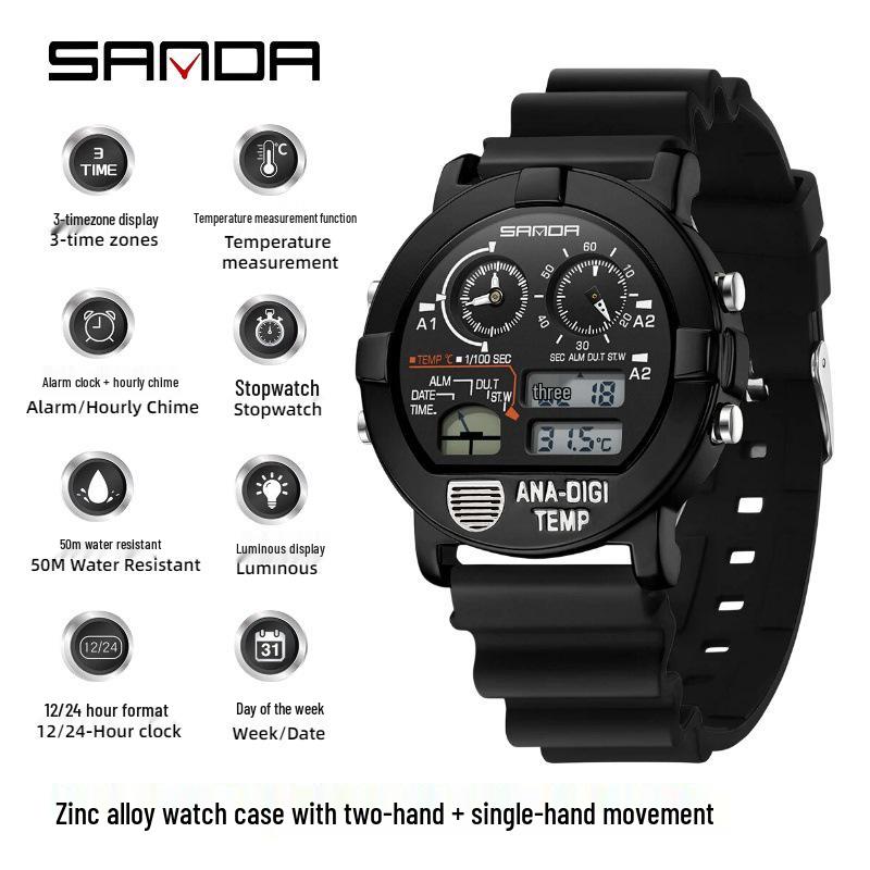 Sanda Men's Multi-Function Square Steel Band Watch with Temperature Measuring and Stopwatch Timer