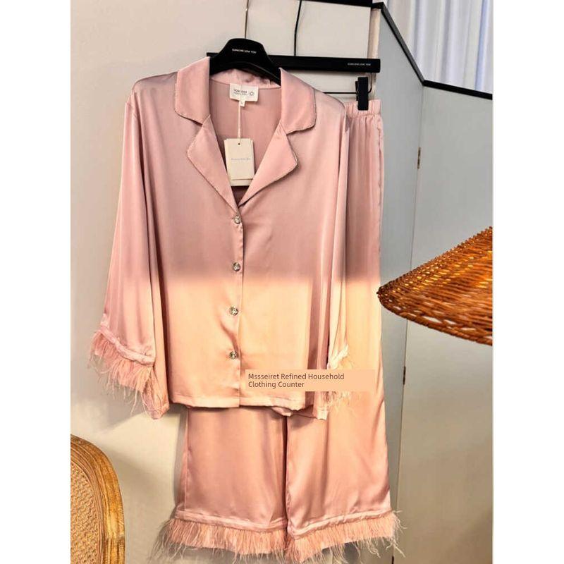 Dutch Original Order ~ Diamond Buckle Pink Feather Pajamas Women's Long Sleeve Pants Suit Ice Silk Classy Trendy Homewear