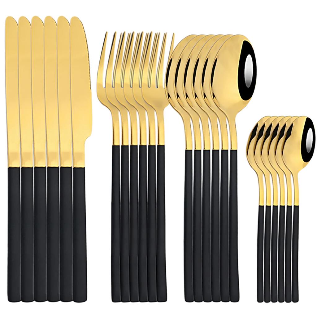24Pcs Gold Tableware Sets Stainless Steel Cutlery Knife Tea Fork Coffee Spoon Flatware Dishwasher Safe Dinner Kitchen Dinnerware