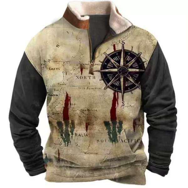 2025 Retro 3D Print Stand Collar Velvet Men's Hoodie for Autumn/Winter