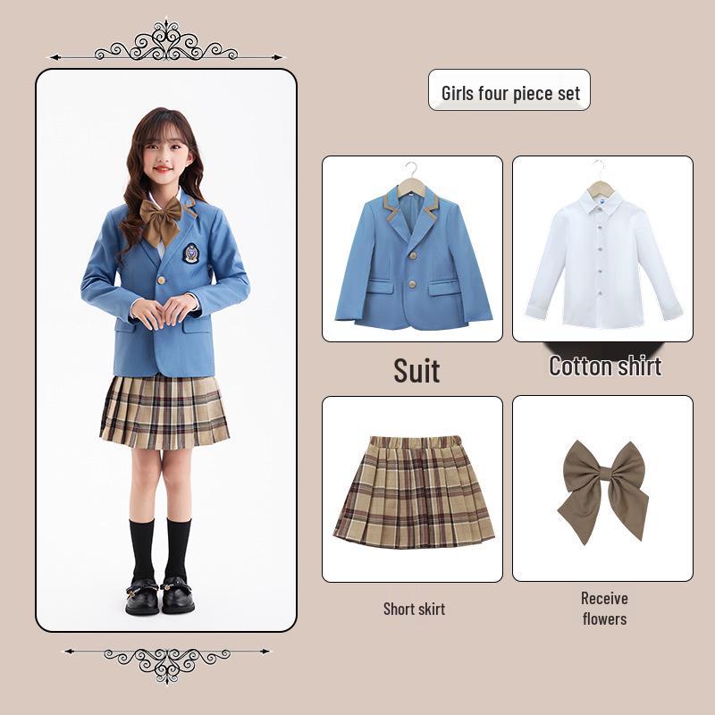 British College Style School Uniform Set – Kindergarten Boys' & Girls' Plaid Suit and Skirt.