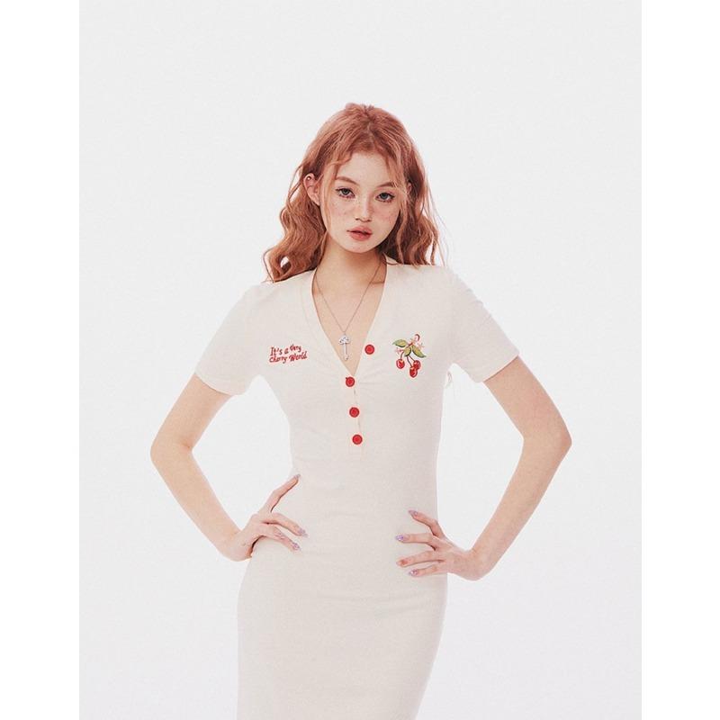 Pure Desire Style Embroidered Cherry Top Spicy Girl Short Style Female Spring and Autumn New Style Slimming and slimming V-neck  Long sleeved T-shirt