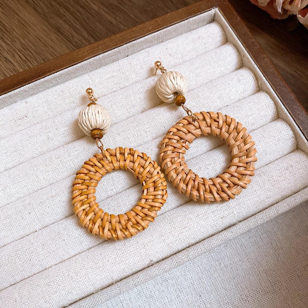 Beach Jewelry Bohemian Drop Earrings Round Geometric Earrings Rattan Weave Earrings  Women