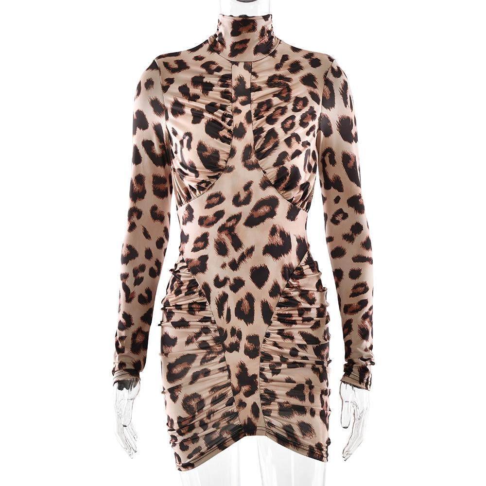Europe, America and winter wear a new small turtleneck leopard print dress, sexy and fashionable tight back hip skirt