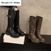 Winter Women Knee High Boots Fashion Belt Buckle Knight Long Booties Designer Square Heels Botas De Mujer