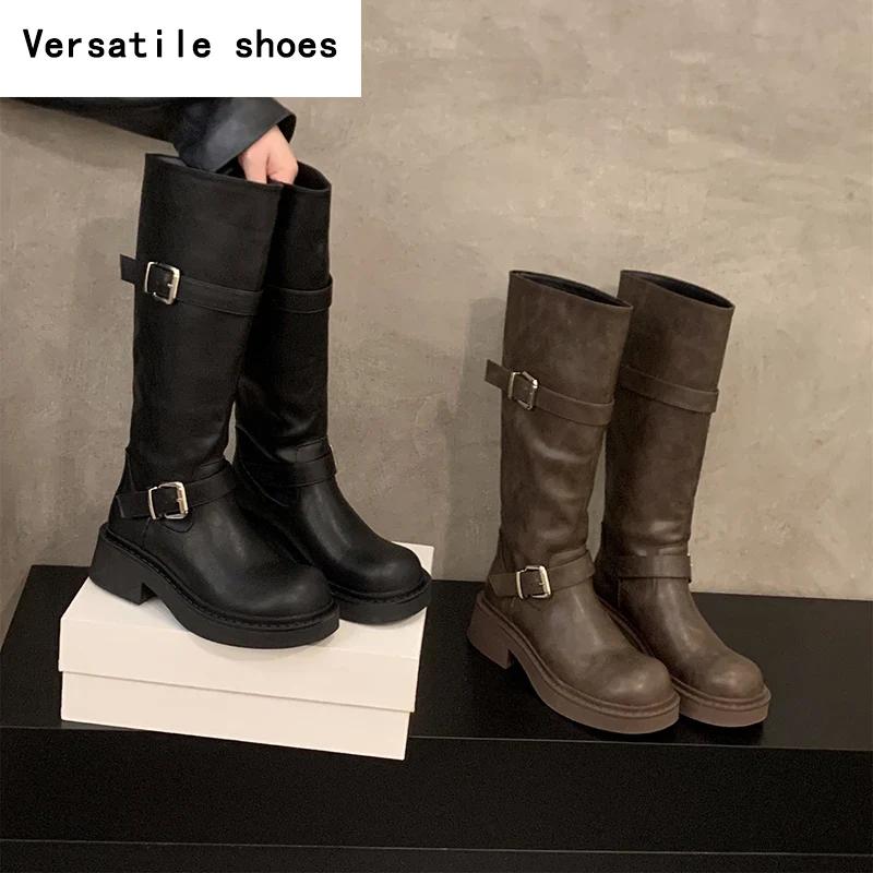 Winter Women Knee High Boots Fashion Belt Buckle Knight Long Booties Designer Square Heels Botas De Mujer