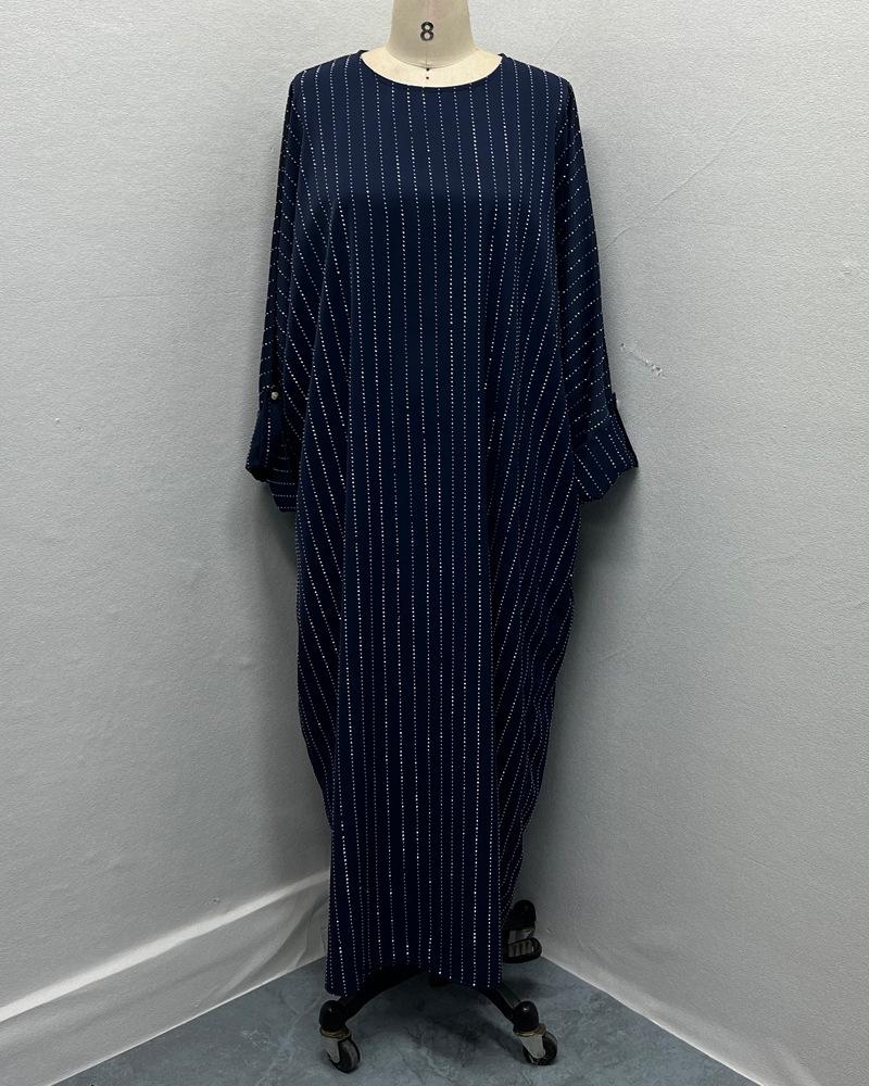 F479 Rhinestone Loose Long Dress with Striped Batwing Sleeves - Fashionable Women's Outerwear