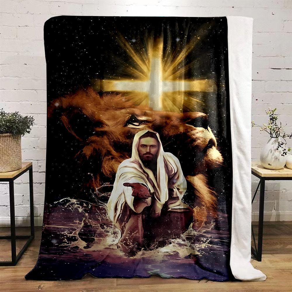 "Lion, Cross, and Sacred Figure Design" Patterned flannel blanket perfect for the bedroom living room, sofa, or a little nap