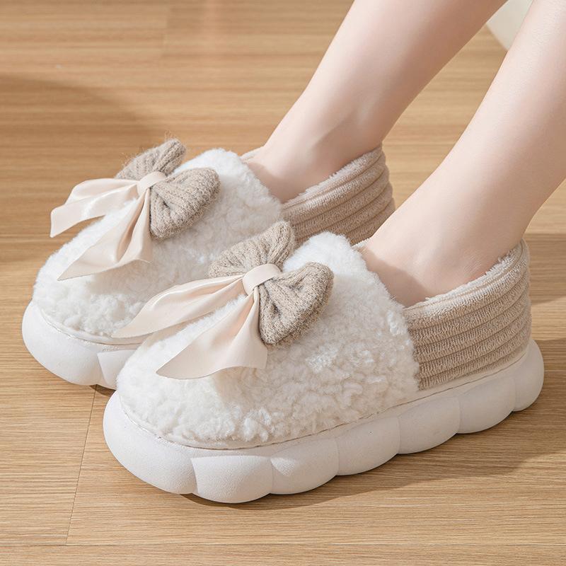 Fashion Fur Slippers For Women Winter Bow Furry Fashion Warm Ankles Plush Cozy Slides For Home Indoor Soft Sole Cotton Shoes