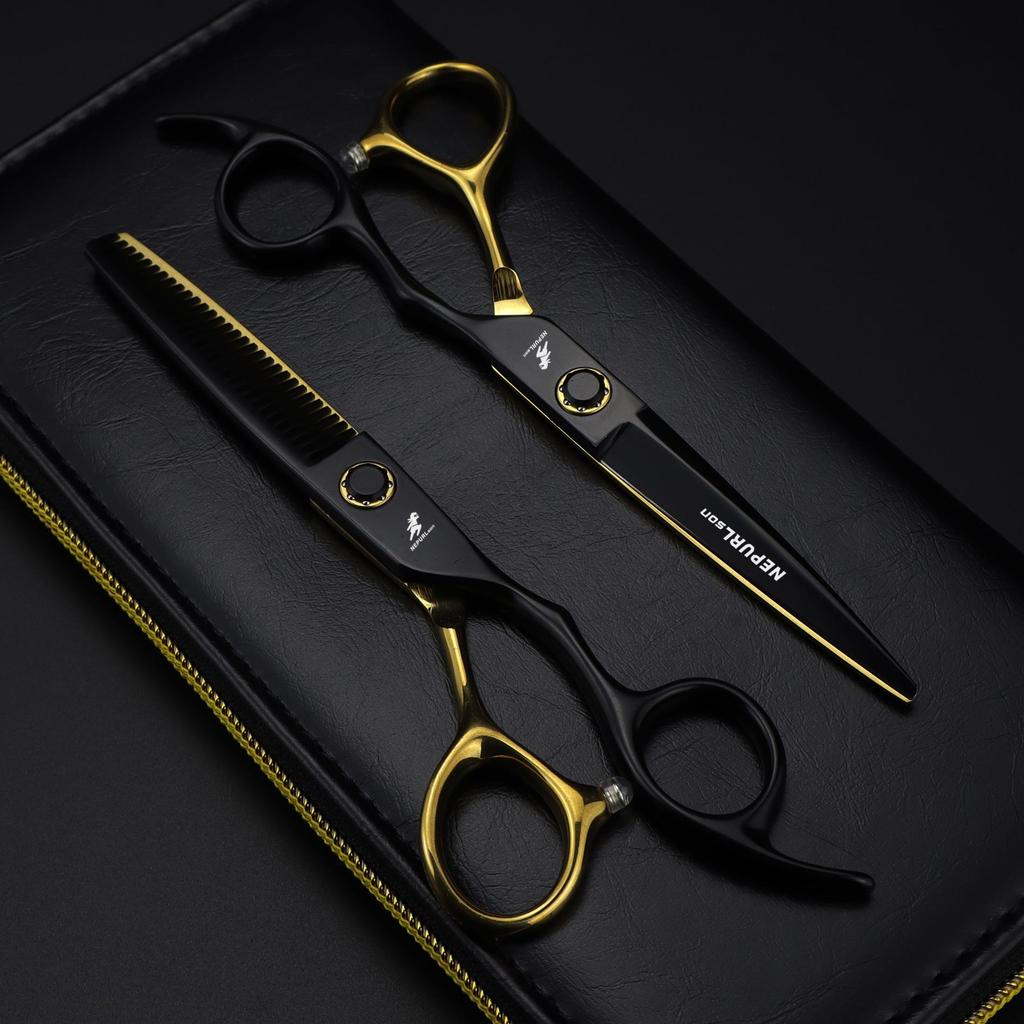 Black Gold Napsun Hairdressing & Barber Scissors Set - Straight & Thinning Shears.