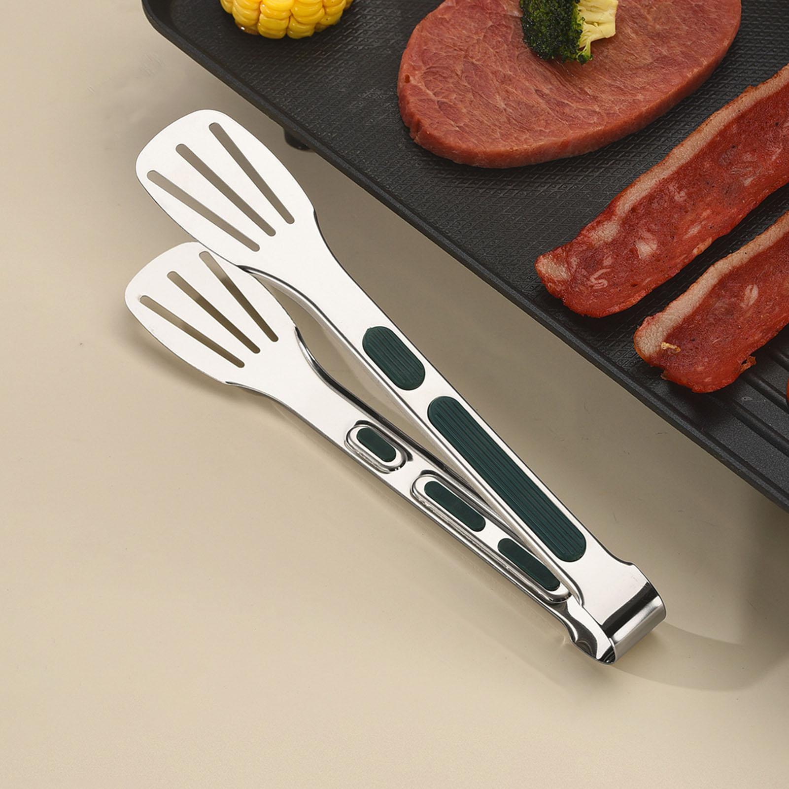 

Stainless Steel Food Tongs Clip BBQ Grill Tongs Kitchen Cooking Utensils Non-Slip Green Handle 3-Line Design Dishwasher Safe