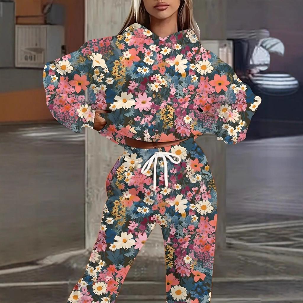 Europe and America 1116 New Fashion Casual Sports Hooded Flower Printed Sweater Set