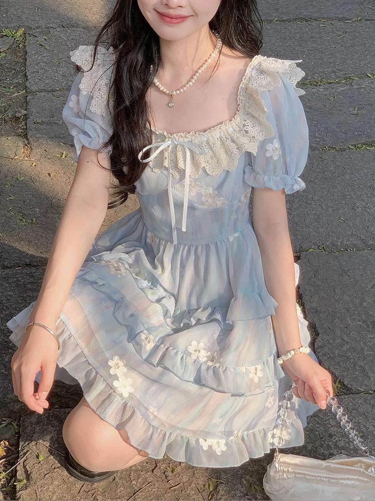 Blue Square Neck Lace Edge Dress Summer Design Sense Heavy Industry Floral Puff Dress Girls Vacation Skirt
