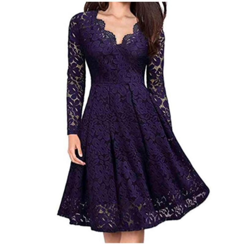 BITCED Fashion Summer Spring Solid Color Print Long Sleeve V-Neck Casual Dresses
