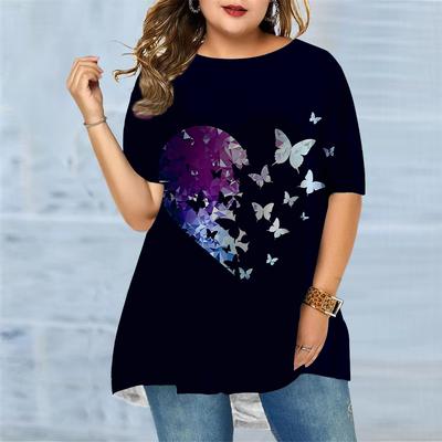 Plus Size Women's Summer Love Butterfly Print Comfortable Short Sleeved Round Neck T-shirt Casual Baggy Medium Length T-shirt