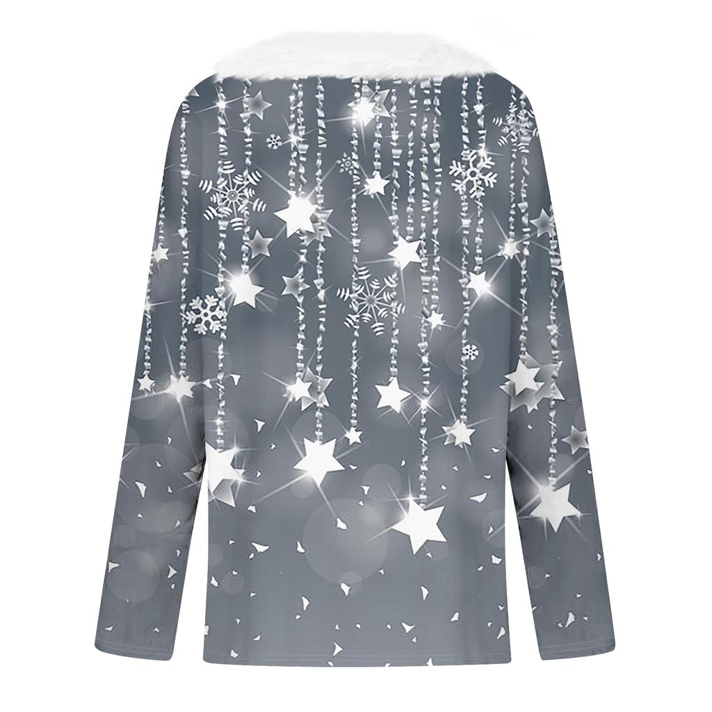 Damenmode Lässig Langarm Weihnachten Bedruckt Plüschkragen V-Ausschnitt Oberteil