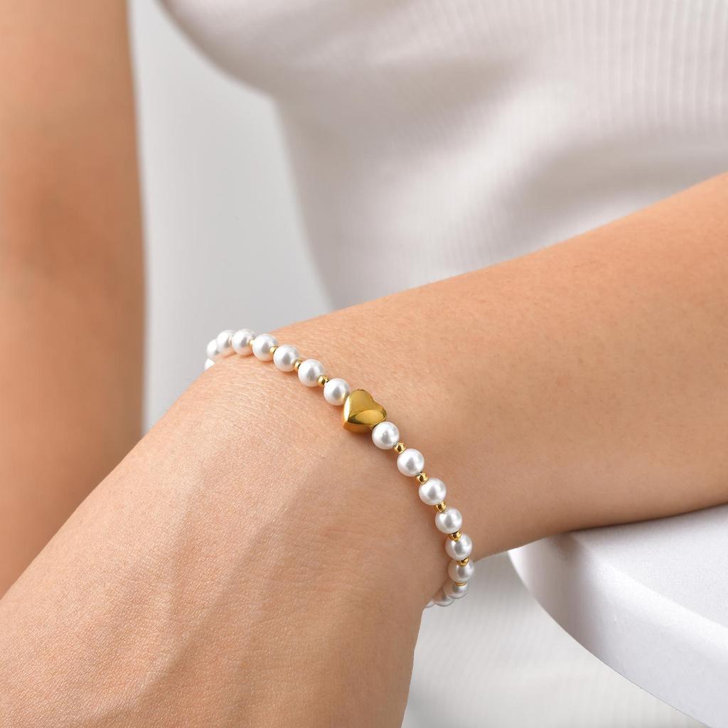 French Elegant Jewelry, Stainless Steel Imitation Pearl Heart Bead Bracelet Br-2733