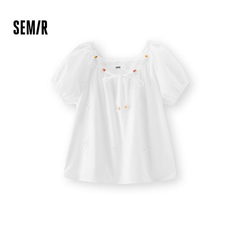 Semir Women s French Style Beaded Square Neck Puff Sleeve Short Shirt S