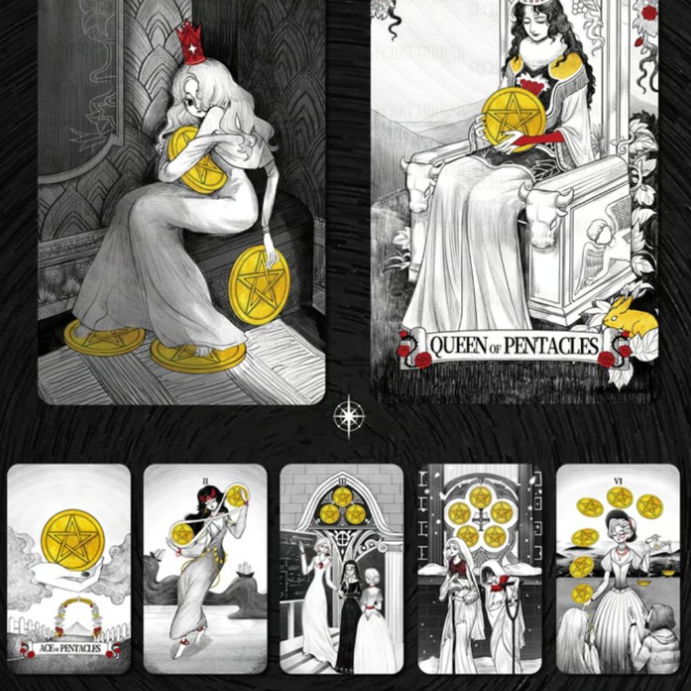 12*7cm Tarot cu oglindă secretă Tarot de artă feminină în simbolism bogat cu tărâm monocrom:Negru, alb, roșu, auriu- cu Ghid