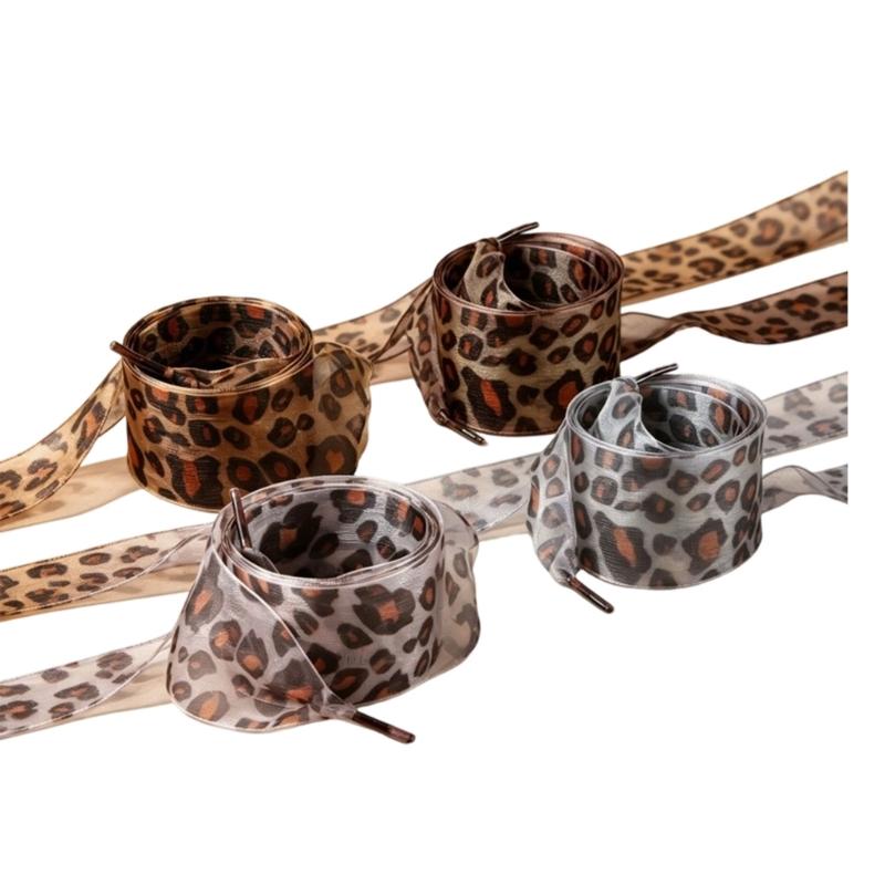 Replacement Ribbon Shoelaces for Canvas Shoes and Sneakers, Leopard Print Sheer Shoelace with Aglets for Footwear Styling, 4 Pair