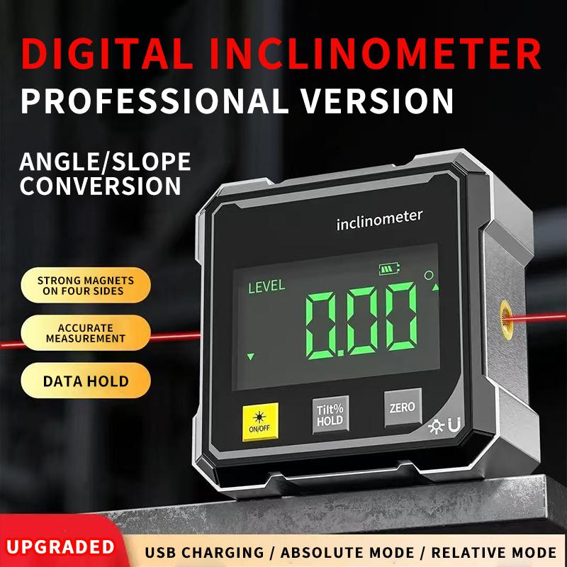 Digital Laser Angle Finder Protractor Tool, 4×90° High Accuracy Measuring Tool Large Led Display Magnetic Base, USB Rechargeable