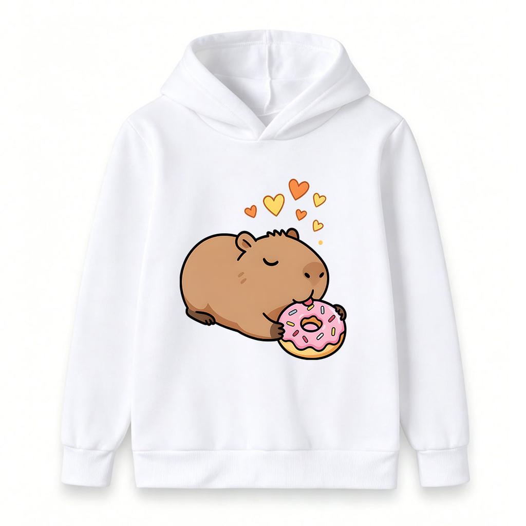 Kids Boys Girls Casual Hoodie, Cute Cartoon Capybara Eating Donut Print Pullover Hooded Sweatshirt, Cozy Long Sleeve Top For Daily Casual