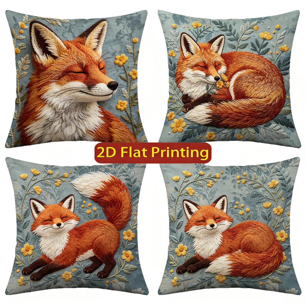 Cute Embroidery Style Fox Floral Throw Pillow Covers Pattern Cushion Cover Suitable for Sofa Bedroom Car Pillow Cover