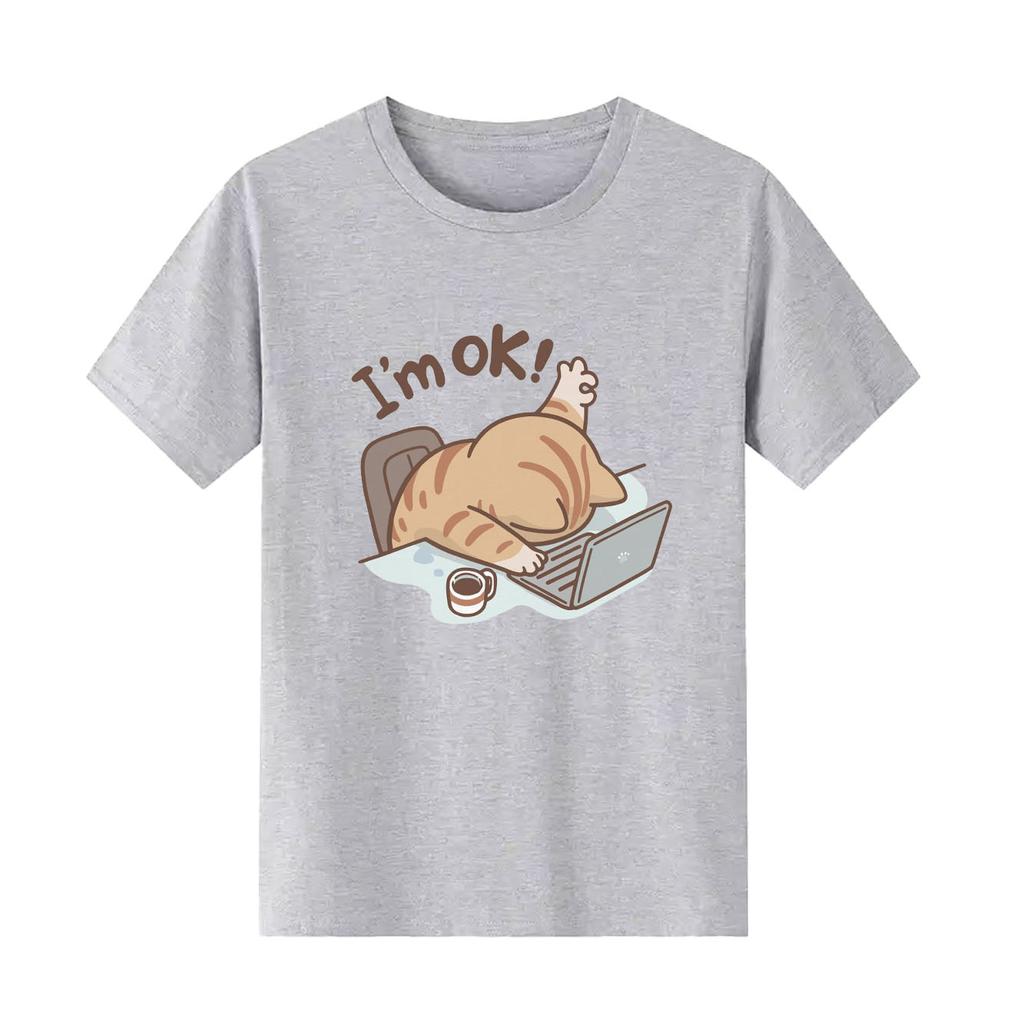 Interesting OK cat cartoon printed short sleeved round neck Womens Tshirt for spring and summer versatile Womens Tshirt