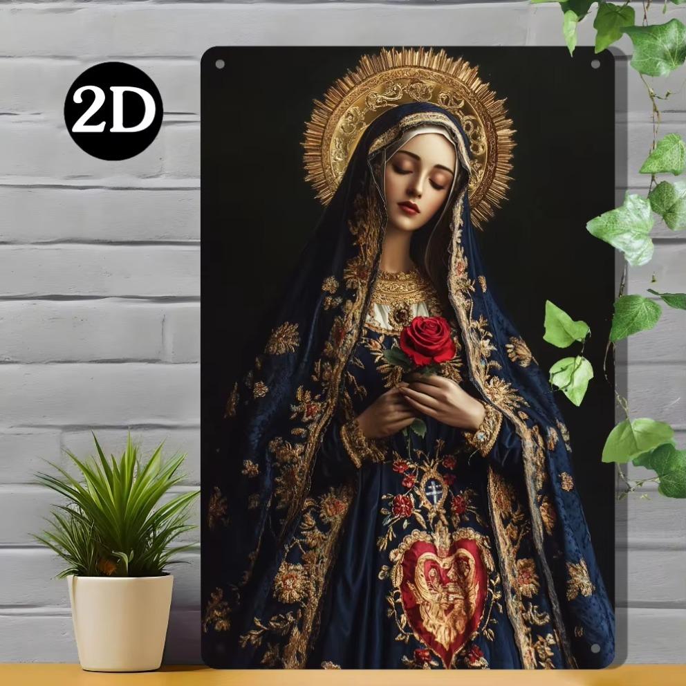 1pc Serene Metal Wall Art Durable 2D Design of Maria with Gold Halo and Red Rose Perfect for Home Office and Christmas