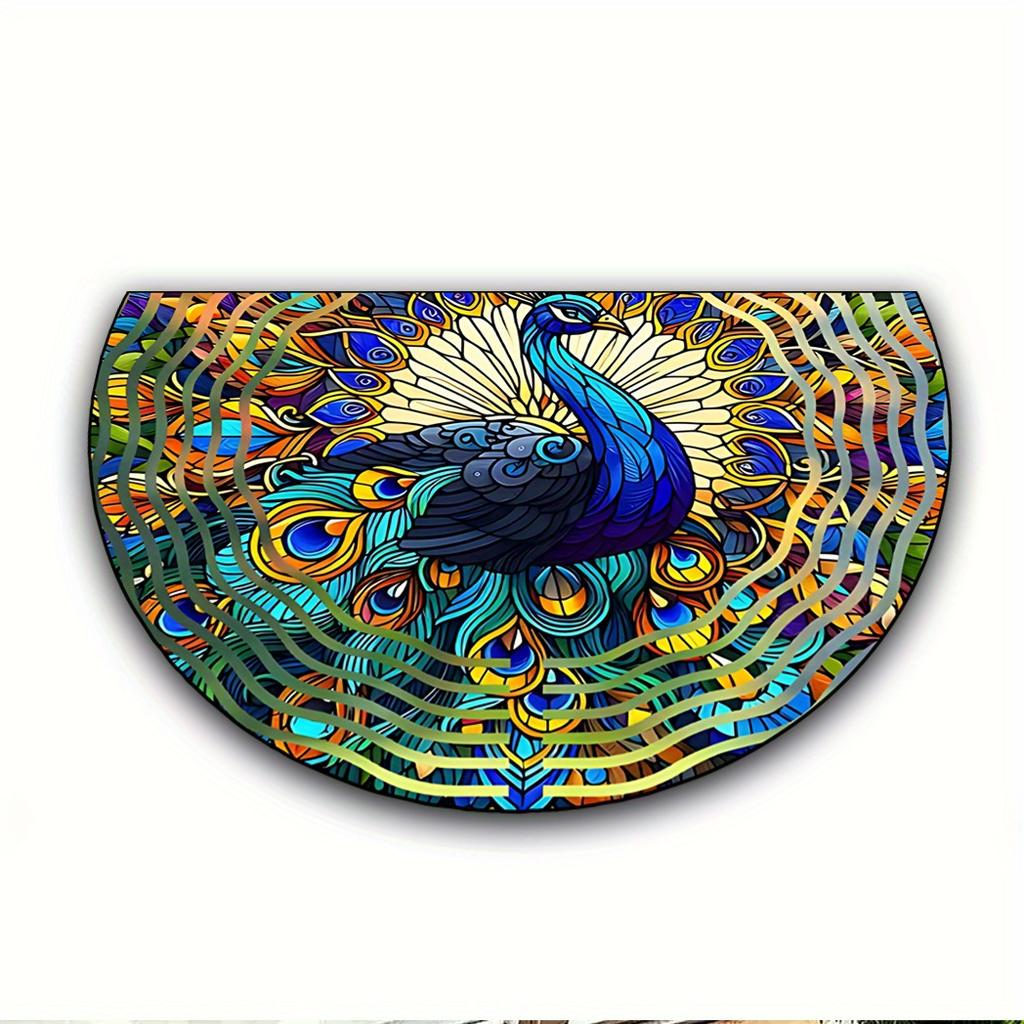 1Pcs Peacock Feather Design Pattern Durable Polyester Semi Circle Welcome Doormat Non-Slip for Outdoor Patio Porch Kitchen Bathroom Entryway Floor Mat