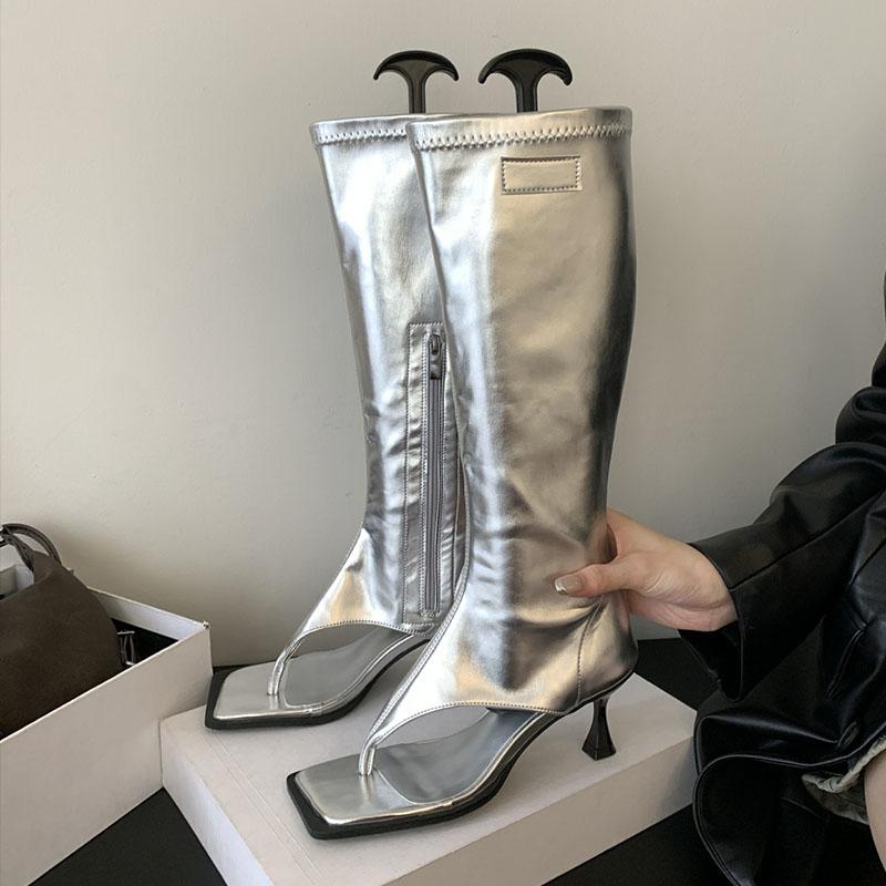 

Модные серебристые женские босоножки с открытым носком, женские ботфорты до колена, обувь на тонком каблуке, модная обувь, молнии, женские босоножки на каблуке, ботинки 35 серебряный