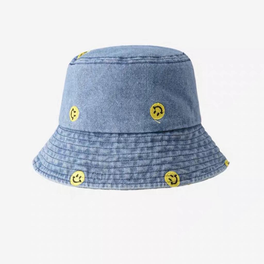 Japanese Simple Smiley Face Embroidered Denim Fisherman Hat Girl Harajuku Vintage Pot Hat Korean Version Spring and Summer Sun Protection Sun Hat Man