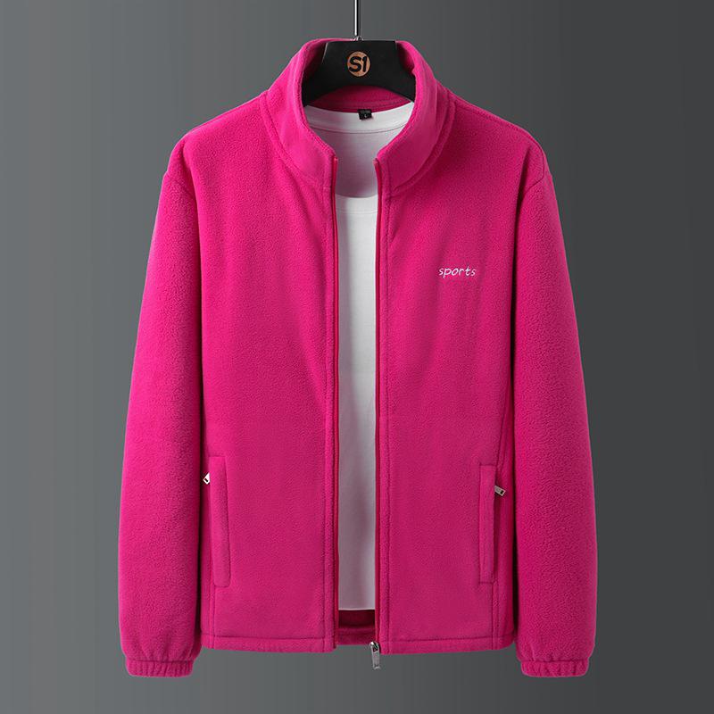 Men's Autumn Korean Style Stand Collar Velvet Jacket with Lambswool and Zipper Welt Pockets