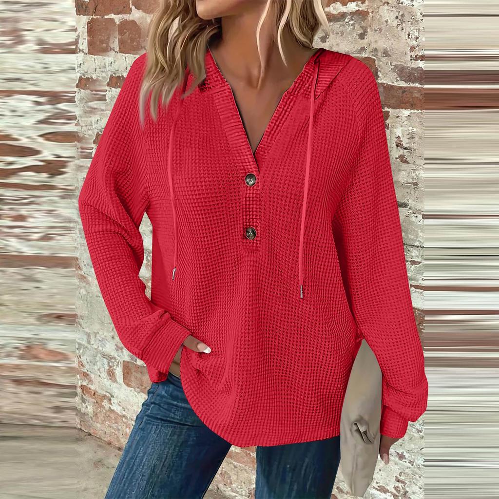 Damenmode, Langarm, Kordelzug, Kapuzenknopf, V-Ausschnitt, lässiges Kapuzen-Sweatshirt