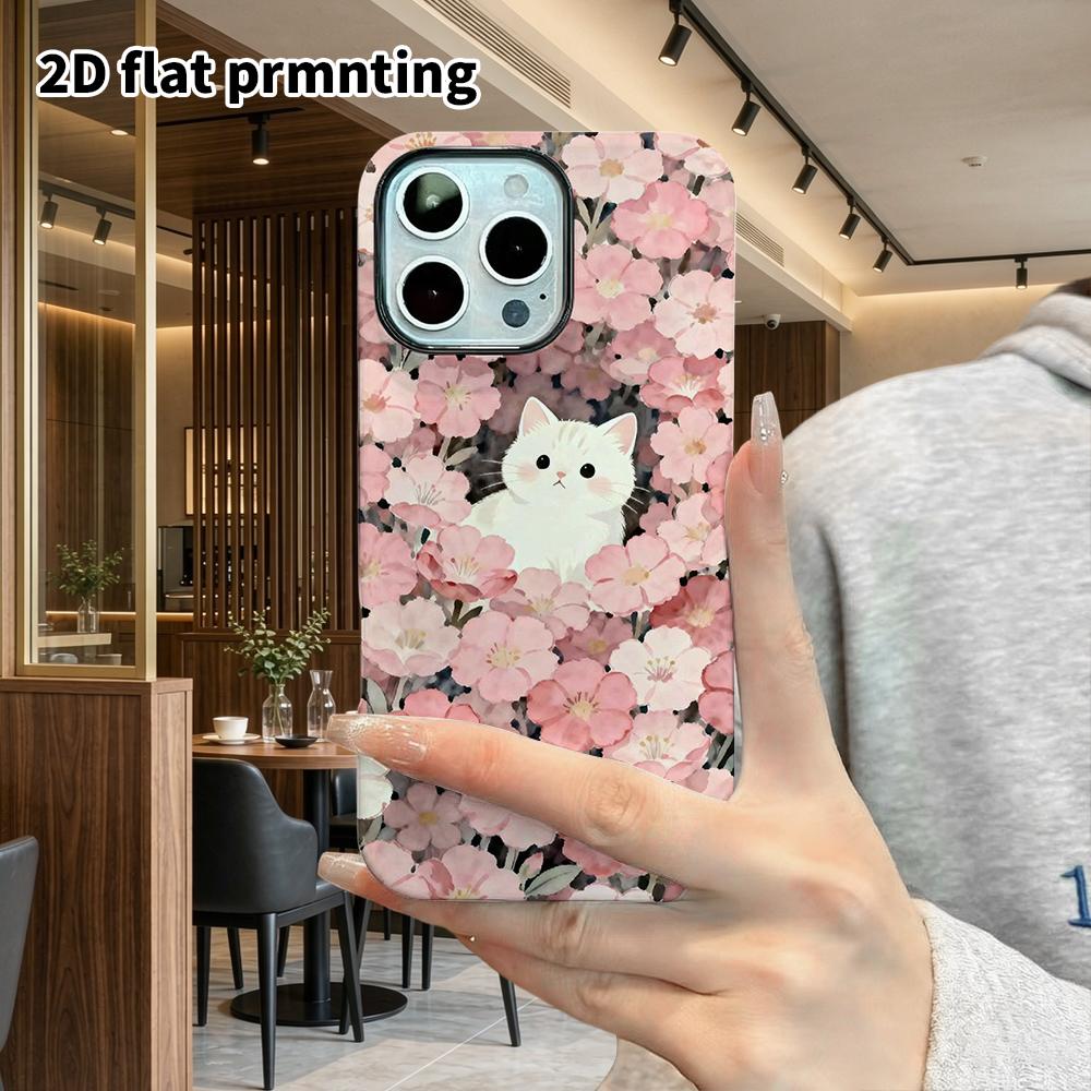 Phone Case: 2D Flat Design Suitable for iPhone 18 17 16 15 14 13 Pro Film Protective Case, Couple Style, Little White Cat In the Flowers, Christmas an