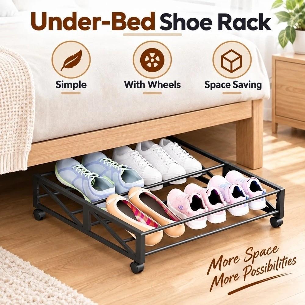 With Wheels Under-Bed Shoe Rack Simple Shoe Organizer Hidden Movable Shoe Storage Narrow Spaces