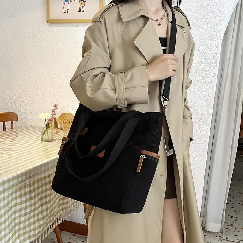 Geantă Tote nouă din Corduroy pentru Femei Capacitate Mare Geantă de Mână Studențească pentru Curs Geantă Casual Versatilă pentru Navetă de Umăr Unic/Crossbody